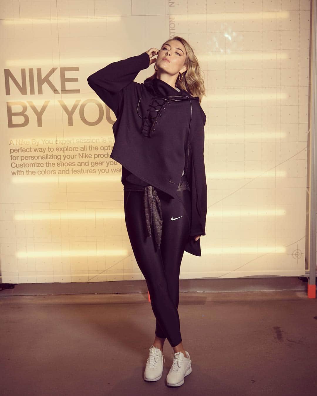 マリア・シャラポワのインスタグラム：「Nike 5th Ave. Open today and customizing 5 unique pieces to you your dimensions. This sweater is one of them. And those white Cortez shoes...more on that later 😉」