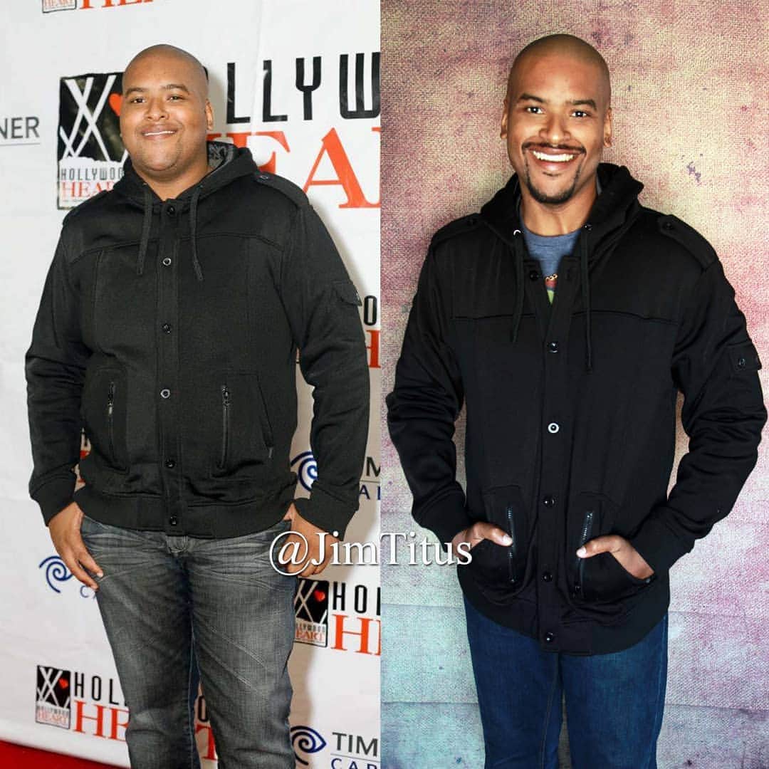 ジム・タイタスのインスタグラム：「Was going through my closet getting rid of things that are too big on me now and came across my old favorite #black #hoodie. I remember thinking it was so #slimming. So much so, that I wore it to one of my friend @briannabrownkeen 's charity events w/ @thenewhollywoodofficial . To be honest, I was mortified when I saw the red carpet pictures later on. But today it made me really proud. Thought it warranted a new #beforeandafter shot. 💪🏾 Just a friendly reminder that the same thing that brings you disappointment one day may someday bring you enormous pride. #keeppushingforward」