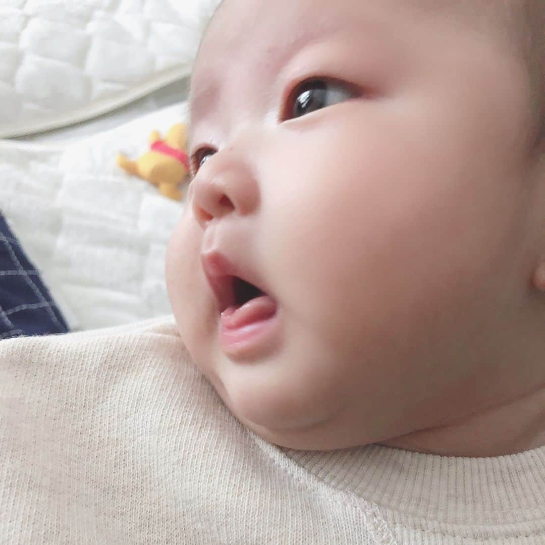 214krnのインスタグラム：「生後74日 ・ 日に日にぷくぷくになる👶🏻 小児科の先生も母乳だけって 聞いてびっくりして笑ってた👨‍⚕️ 成長曲線からはみ出てないから どんどん成長してください👶🏻 ・ 最近はぷーさんのやつで 10分はご機嫌さんでいれるから この時間と寝てる時に ダッシュで家事終わらす毎日🙋🏻 横浜でママ友出来ないかな🤣 誰かと喋りたい😭」