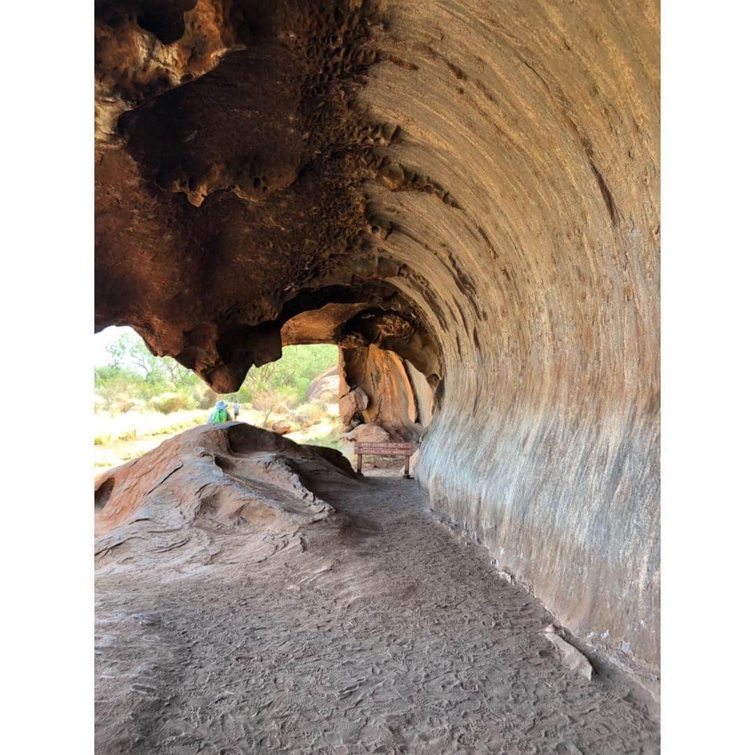 宇内梨沙さんのインスタグラム写真 - (宇内梨沙Instagram)「✳︎ ウルルは 遠くから見るとプリンのような形ですが 近くで見ると波状の洞窟があったり 欠けた岩がゴロゴロ落ちていたり意外と無骨。  来年10月に完全に登山禁止になるそうですが 今のところ国立公園の職員さんによる判断で 当日の登れるか否かが決まります。 年間30%の確率ということで 私の行った日は天候NG。(どうみても天気良い笑)  しかし実際の登頂ルートを見てみると かなりビビります。 ものすごい急勾配。角度にして49度…ひぇー。 しかも最初の80mは掴む鎖がありません。 そこまで登れない人は 諦めて戻りなさいということらしいです。 (通称:チキンロック)  同行してる母は 登れなくてほっとしてました。笑  #世界ウルル滞在記 #夏休み頂いております」11月20日 21時45分 - risaunai