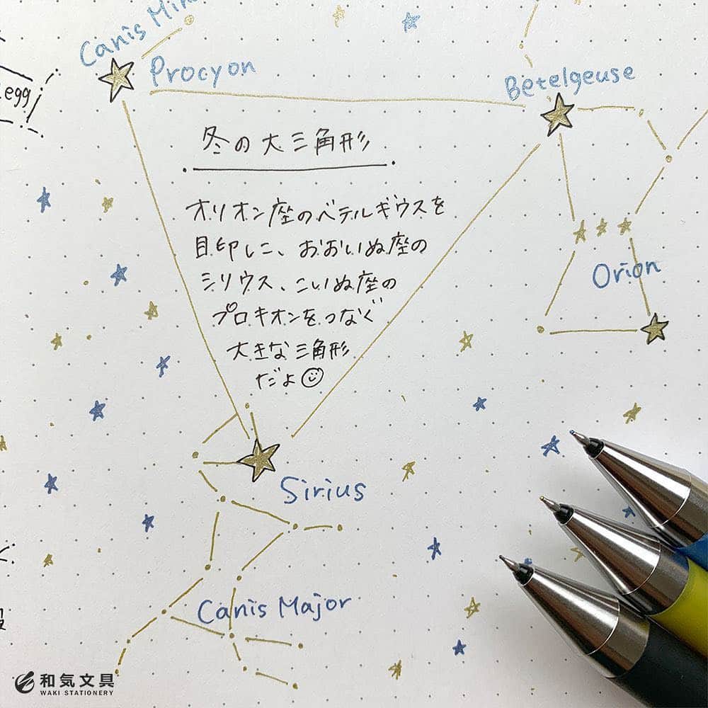 文房具の和気文具さんのインスタグラム写真 - (文房具の和気文具Instagram)「今回は『ジュースアップ メタリック』を使って星座風ダイアリーを書いてみました。 ・ 白紙にも黒紙にも高発色なのが嬉しいですね～。 日付部分の夜空は『ラッション ドローイングペン brush』を使いました。 塗りつぶして、インクがしっかり乾いてからゴールドで星や文字を書きました。 タスクコーナーはタイトルを星であしらったり、チェックのマスを星にして実行したら塗りつぶすタイプにしてみました。 バーチカルもちょこっと星座風に。 星座のことを勉強して手帳に残すのも楽しいですね。 ・ 冬の1ページに『星座風ダイアリー』ぜひお試しくださいませ♪ ・ 【使った文房具達】 ▼ペン #ジュースアップ #ラッションドローイングペン ▼ノート #ライフジャーナル ▼マステ #貼時間  #手帳 #手帳術 #スケジュール帳 #ノート #バレットジャーナル #手帳の中身 #手帳タイム #diary #notebook #stationery #stationeryaddict #stationerylove #quovadis  #お洒落 #文房具 #文房具好き #文具 #和気文具」12月5日 14時37分 - wakibungu