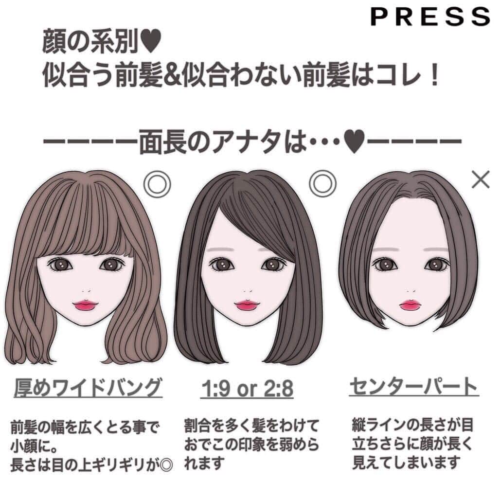 Pressさんのインスタグラム写真 Pressinstagram あなたに似合う前髪は 顔の形別に似合う前髪と 似合わない前髪を ご紹介 自分の顔の形に合う前髪を スワイプ してチェックしてみて イラスト 乃の木そよさん Sooooyoooon