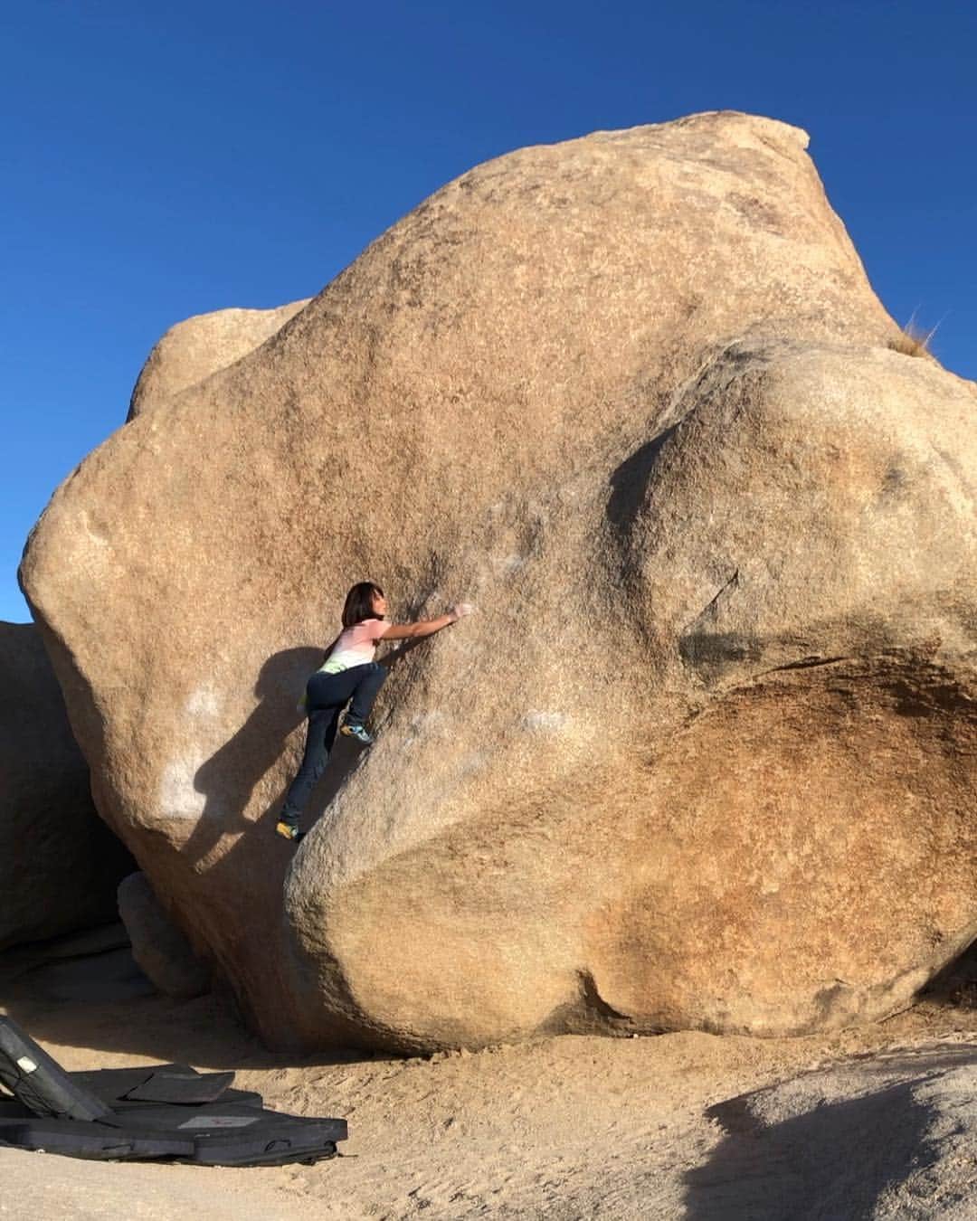 植田夢月さんのインスタグラム写真 - (植田夢月Instagram)「・ Stem Gem / V4 ✔️ ・ We moved to Joshua Tree because a storm came to Yosemite Valley. We enjoyed some boulders with Japanese friends and met new friends there. Thanks for nice sessions! ・ Stem Gem is one of the coolest slabby boulder problem I've ever done! Sooooooo happy to send it!! ・ ・ Yosemiteがストームのため、ほぼ2日間しかいられないけどJoshua Treeに移動。ボルダーをいくつか楽しみました。偶々同じ日にBishopから移動していたライノ御一行 @knobwatche @okeyok76 @papinochiko @ma.madam Uスケさん、偶々撮影に来ていたTNF御一行 @takahiro_nagayama @yoheinaruse @isamu_kawabata 大変お世話になりました🥰💕💕 ・ Stem GemはJoshua看板課題の一つ。John Bachar初登。紛れもなく傑作。皆の叡智を結集して下部を突破したものの、中間のスラブ面でスリップ落ちして悔しかったので、出発日の今朝5時起きしてトライしました。完登で締めくくれて嬉しい！ ・ ・ #完登に8分かかったので動画は一部分だけ #joshuatreenationalpark #joshuatree #joshuatreeclimbing #joshuatreecalifornia #girlsboulder #womanclimber #joshuatreebouldering」11月24日 5時55分 - dream_moco