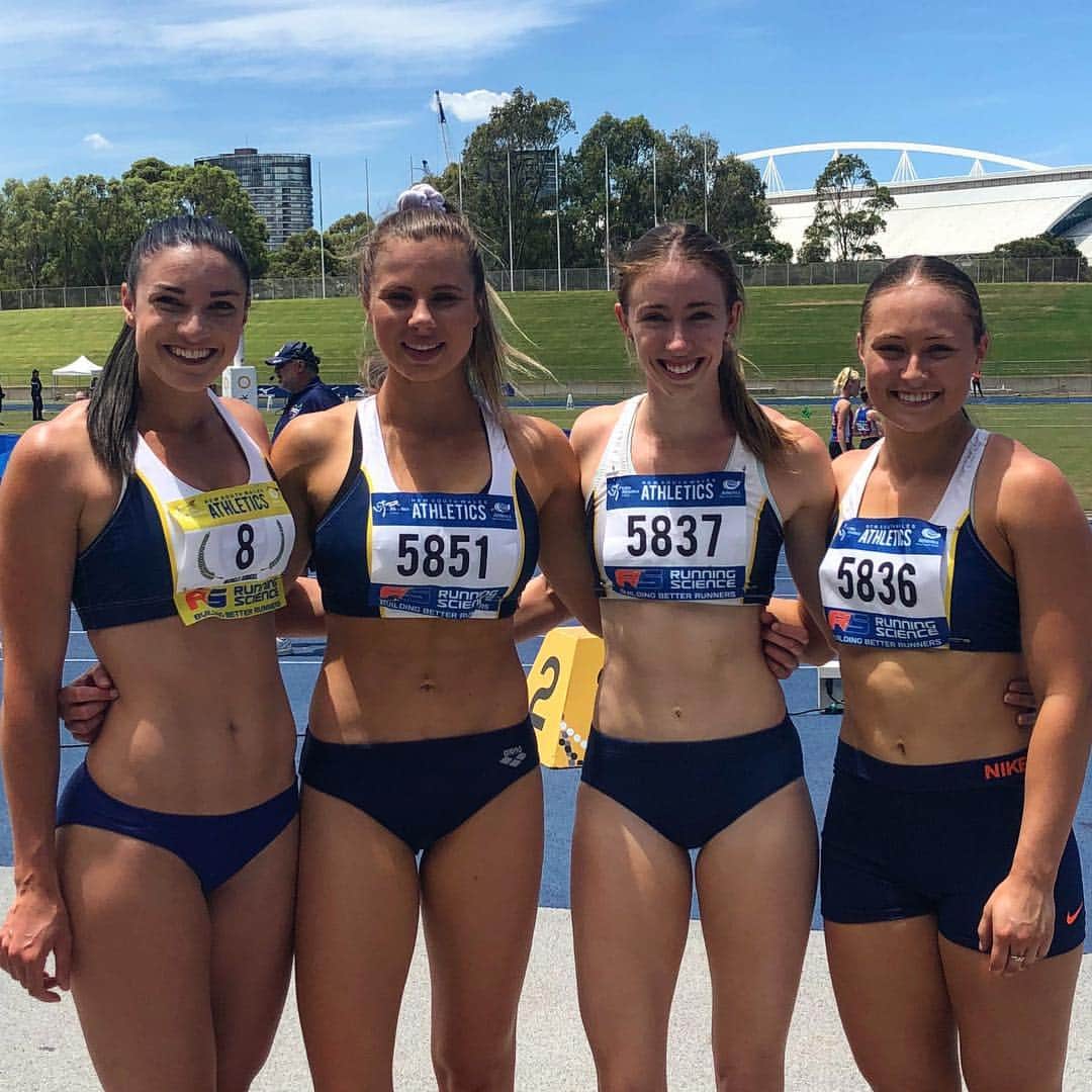ミシェル・ジェネクのインスタグラム：「Another great weekend with the Sydney Uni crew at NSW State Relays. I walked away with 4 medals in the 4x100m, 4x200m, 4x long jump, 4x shot put relays 😊」