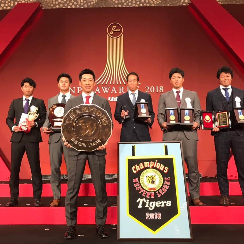 阪神タイガースさんのインスタグラム写真 - (阪神タイガースInstagram)「今日行われたNPB AWARDS 2018のファーム表彰式に出席しました！ #矢野燿大 監督 #ファーム日本一 #福永春吾 選手 #最優秀防御率投手賞 #勝率第一位投手賞 #デイリースポーツ選定技能賞 #報知新聞社選定殊勲賞 #在阪テレビ選定期待賞 #青柳晃洋 選手 #最多勝利投手賞 #サンケイスポーツ選定優秀投手賞 #伊藤和雄 選手 #最多セーブ投手賞 #優秀選手賞  #板山祐太郎 選手 #日刊スポーツ選定努力賞 #島田海吏 選手 #ベースボールマガジン社選定ビッグホープ賞 #阪神タイガース」11月27日 14時56分 - hanshintigers_official