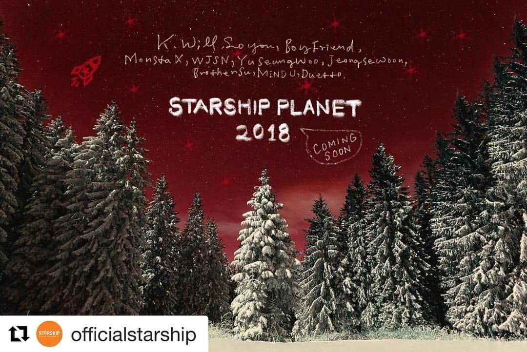 BOYFRIENDのインスタグラム：「#Repost @officialstarship with @get_repost ・・・ [#STARSHIP] #스타쉽플래닛 2018 🎄 COMINGSOON ❣️ #STARSHIPPLANET2018 #케이윌 #소유 #보이프렌드 #몬스타엑스 #우주소녀 #유승우 #브라더수 #마인드유 #듀에토 #정세운」