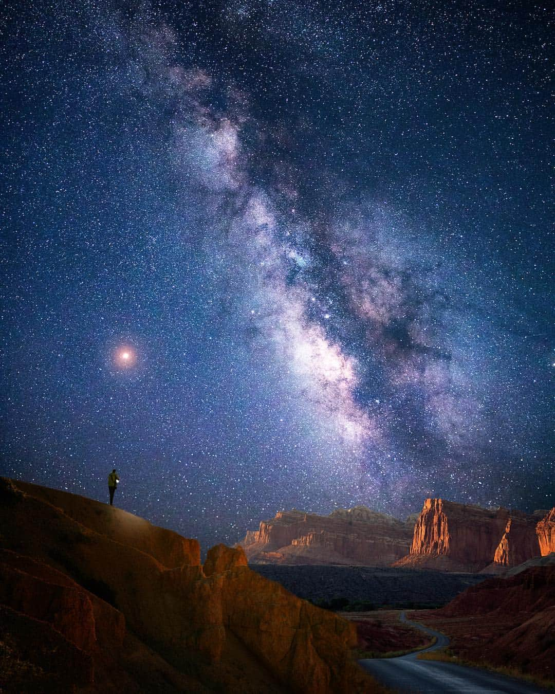 Adam Senatoriのインスタグラム：「Mars x solar system as seen from Capitol Reef National Park / If you departed today for Mars, you would arrive around the middle of September, 2019. Nine months from now. I travel enough around this planet so I'm out.  On the other hand, if you left for the Moon today, you'd be there by Thursday, just 3 days. I'd be in for that trip. What about you? Mars, Moon or stay on Earth?  #astro #milkyway #getlost #beautahful #utahunique #beautifuldestinations #keepitwild #getoutstayout #takemoreadventures  #wondermore #forgeyourownpath #nomadstories #alwaysgo」