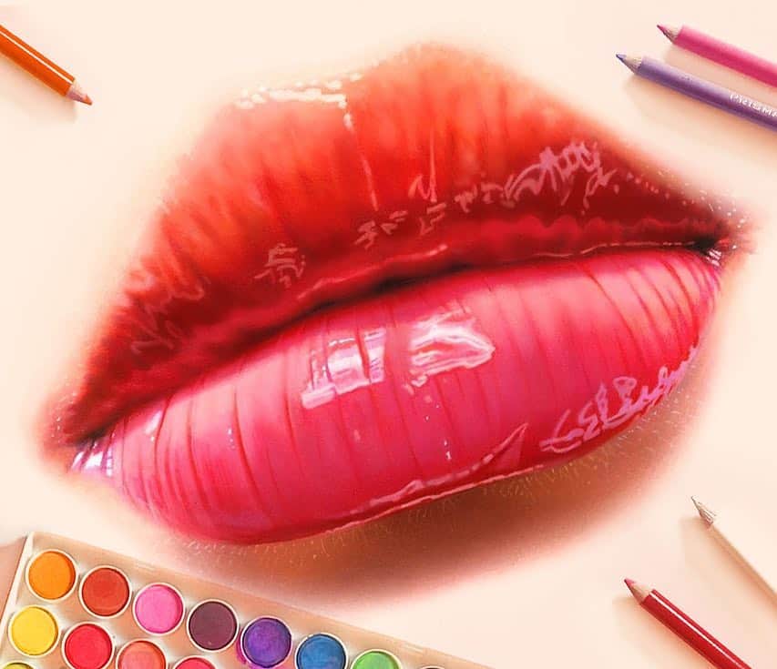 Morgan Davidsonのインスタグラム：「I hope everyone had an amazing Christmas yesterday! 🎄🎁 Here’s a throwback of my colored pencil lip study on a watercolor base while I finish up my last holiday commission! After this week I’ll be back to working on all original pieces and post about them regularly! I’m so excited!! 🥰💕」