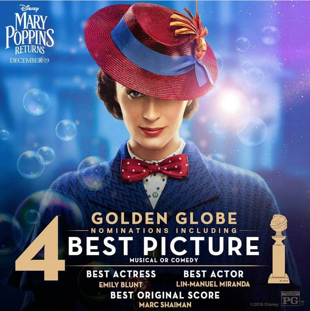 エミリー・ブラントのインスタグラム：「Congrats!👏👏 #MaryPoppinsReturns  #GoldenGlobes」