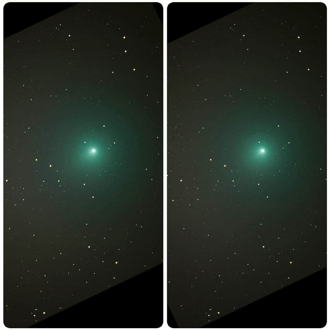 ブライアン・メイさんのインスタグラム写真 - (ブライアン・メイInstagram)「Comet 46P (Wirtanen) in a stereo view - created using the real movement of the comet against the star background over a few minutes to make the parallax we need, to make the comet appear to stand out in space. Please free-view (parallel) and enjoy ! If you free-view cross-eyed, the comet will appear to float BEHIND a veil of stars. Which is probably equally enjoyable ! AstroPhotography by @jamiecooperphotography @coopscamera on Twitter.  No filter on this one - that green tinge is real.  Bri」12月15日 13時04分 - brianmayforreal