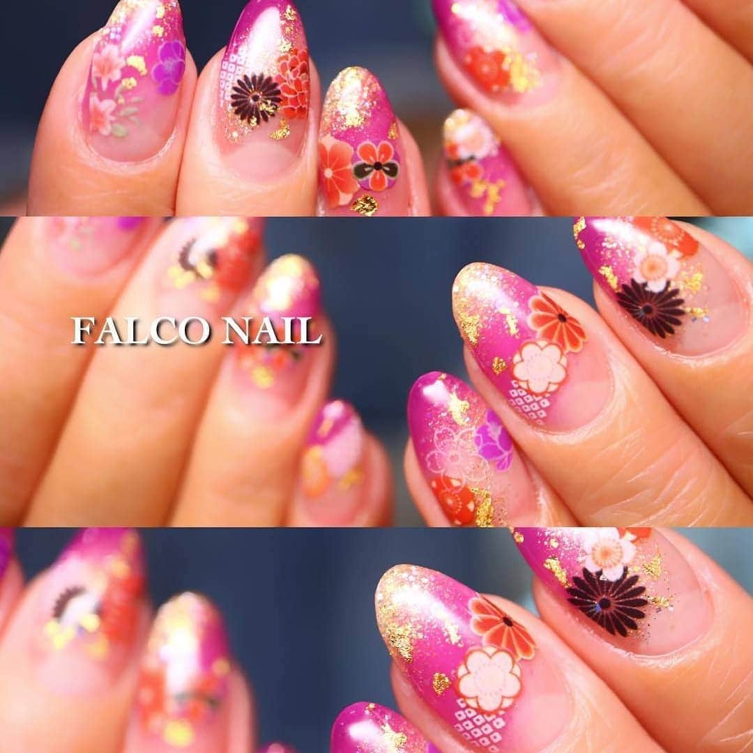 PREGELさんのインスタグラム写真 - (PREGELInstagram)「#Repost @jun_falconail (@get_repost) ・・・ FALCO NAILとしてお店をオープンする前から、施術を担当させていただいてるお客様っ😚 この時期は和柄なデザインをいつも選んでくださる😆👍✨ 今回のアート部分は写ネイル使いました❗️ 年末の寒い時期とも相まって、とっても懐かしい気持ちになりました☺️ しゃて、ステッカーを挟んだ時にトップジェルが剥がれやすいという方にオススメしたいのが、きまぐれキャット アートクリアジェルですっ‼️ このジェルはツルッとした面への密着が良く、1層挟む事でステッカーやホイル等の異素材を挟んだ際のトップジェルの着きを良くしてくれますっ🤗 お悩みの方は是非チャレンジしてくださいねっ❤ . ・使用アイテム ・プリジェルMUSE ヴァチカンマゼンダ ・プリジェルMUSE スパークルゴールド ・きまぐれキャット アートクリアジェル . セミナー ・2月25日 ネイルパートナー大阪 1部:10時半～13時  プリジェルミューズ・カラーEX体験セミナー 2部:14時～16時半 JUNのプリジェル大人デザインサロンワーク用セミナー · ・ネイリストの方 プリモールで検索 ・セルフの方 joyartで検索 . @pregel official @kimagure_cat_whim . #和柄ネイル #懐かしさ満開 #異素材には #きまぐれキャット #アートクリアジェル #オヌヌメですっ❤ . http://www.falconail.com/ #falconail #ネイル #nail #nailart #ジェルネイル #ネイルアート #nails #naildesign #ネイルデザイン #美甲nail #네일 #instanails #nailstagram #ジェルアート #instagood #指甲 #beauty #ファッション #japanesenailart #fashion #アート #gel #젤네일」12月30日 9時25分 - pregelofficial