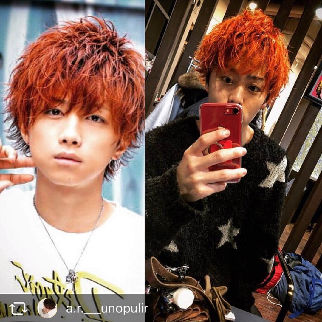 unopulirhairのインスタグラム：「a.r.___unopulir・ ・ ・ セルフスタイリングでヘアカタスタイルをコピー🔥 サイドはもう少し長さがほしかった😂 ・ ・ ・ #unopulir#ウノプリール#京橋#美容師#京橋美容室#美容師アシスタント#アシスタント#スタイリング#コテ巻き#メンズスタイリング#オレンジカラー #オシャレヘアー#メンズヘアー#撮影#メンズ撮影モデル#募集#お洒落さんと繋がりたい#美容師さんと繋がりたい#雨田陸」