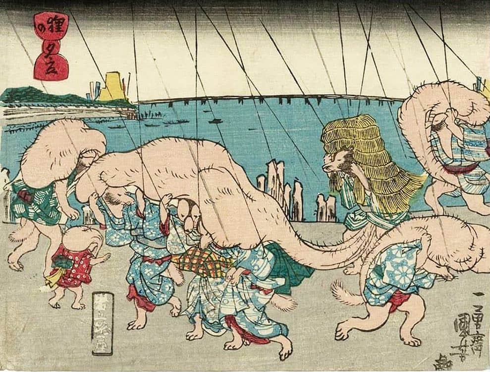 Daily SHUNGAのインスタグラム：「Evening shower 狸の夕立。 突然の雨にキャン玉広げます。 Raccoon dogs. They are opening their (testicles) umbrella…  in a sudden evening shower.」