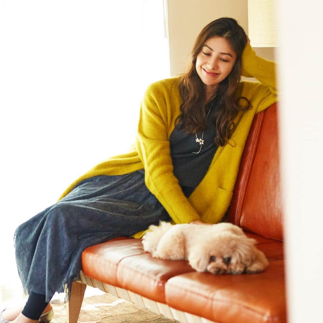 LOUNIE（ルーニィ）さんのインスタグラム写真 - (LOUNIE（ルーニィ）Instagram)「≪2018 Campaign "VOYAGE Relax"≫ 「贅沢な時間」にフォーカスしたキャンペーン「VOYAGE Relax」。今回もモデル・女優の高橋マリ子さんとLOUNIEのマスコット兼PR担当のマルグリット（マルコ）が週末のリラックスした旅をお届けしています。 ㅤ  マルコと過ごすクリスマス🎄街のイルミネーションはステキだけど、忙しい年末の小休止に、お家でのんびり過ごしても。チュール×レースのリバーシブルスカートにレギンスを合わせたリラックスコーデ。仕上げに、華やかなラクーンのカーディガンを羽織って。 ㅤ  Cardigan(18638212①)¥29000+tax Knit(18637135④)¥16000+tax 2way skirt(18613142②)¥24000+tax Leggings(18650129①)¥9800+tax ㅤ  #LOUNIE#2018aw#ルーニィ#高橋マリ子#VOYAGE#Relax#葉山#旅#ティーカッププードル#トイプードル#プードル#poodle#dog#レギンスコーデ#チュールスカート#イエロー」12月22日 18時34分 - lounie_jp