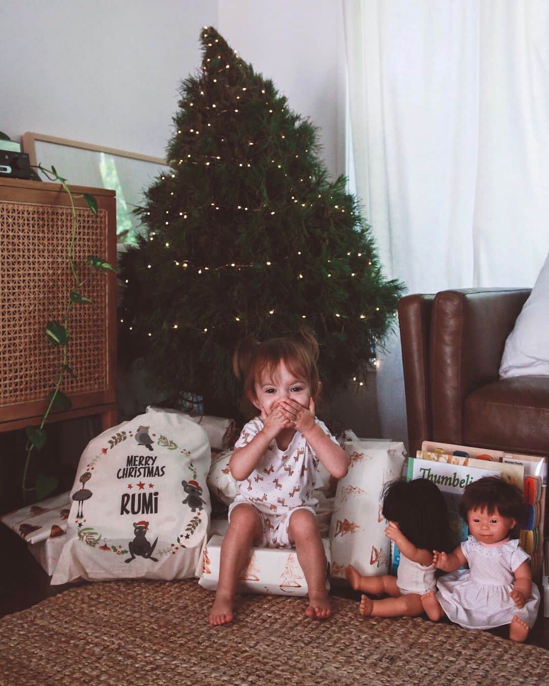 ジェシカ・スタインのインスタグラム：「Happy Christmas from our little Ru-dolph. This time of year amplifies both the happy, and the hard. If you’re struggling today please remember that it is just like any other old day to get through, and hold on to that glimmer of hope or fight that keeps you going. She is that glimmer for me. One day at a time. ❤️✨」