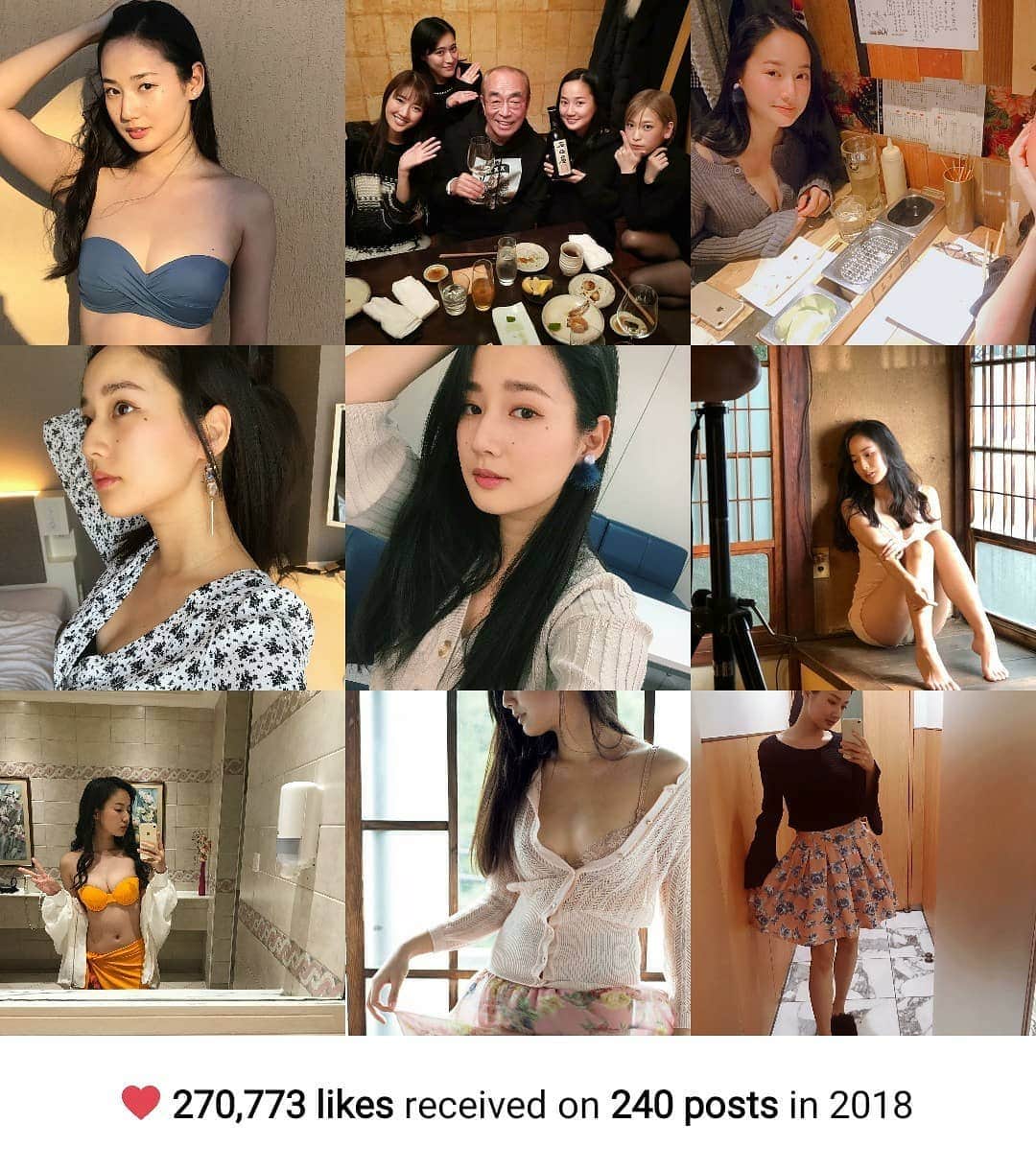 高嶋香帆のインスタグラム：「2018年 best 9 posts 240枚の写真を投稿したらしい！！ 来年は365枚が目標だね✨ . 皆様、今年も大変お世話になりした！！！ 来年も是非とも宜しくお願いします😊💕💕 . 良いお年を！ . #bestnine2018 #bestnine #japanesegirl #asiangirls #followme #グラビアアイドル #水着 #年の瀬」