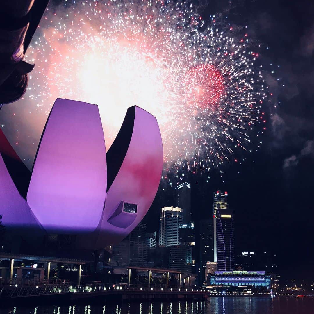 近野成美のインスタグラム：「2019年あけましておめでとうございます☺️🎉 雨予報が運良く晴れました🌙🎆 2019年がそんな年だったらいいなぁ🤗 皆さんにとっても素敵な1年になりますように^ ^ 本年も宜しくお願い致します✨  #HappyNewYear #Hello!2019 #明けましておめでとうございます #Singapore #暑い年越し #打ち上げ花火 #fireworks」