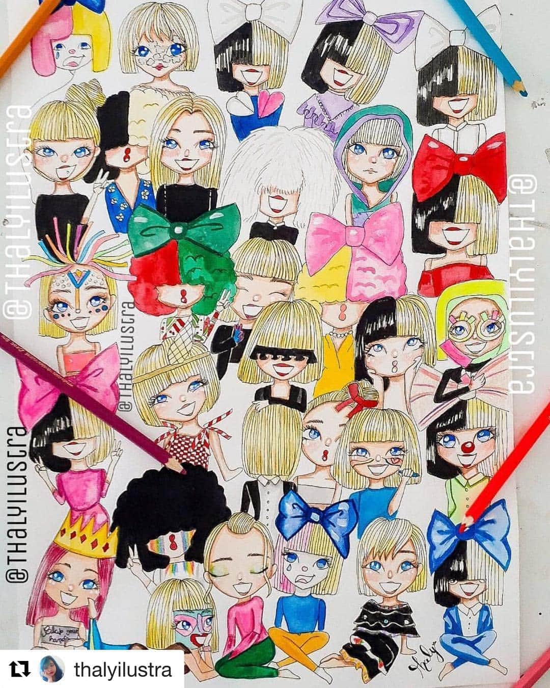 シーアさんのインスタグラム写真 - (シーアInstagram)「Wow! So Many Sia’s ⭐️ - Team Sia  #Repost @thalyilustra ・・・ EU QUASE MORRI PRA FAZER ESSE DESENHO MAS SAIU.  EU AMEI FAZER ISSO Ele é uma colab com (@furlermartinez )  corre lá e confere também.  #sia #siamusic #siaart #music #draw #like4like #like #ilove #iloveit #love #music #teamsia #drawing #desenho #deseño #art #artwork #sialove #sialovers #folow4folow #folowme #f4f #l4l #comment4comment #labrinthsiadiplo 💖 Se repostar: Não edite a imagem,  dê os créditos,  me marque  #Repost @thalyilustra ・・・ EU QUASE MORRI PRA FAZER ESSE DESENHO MAS SAIU.  EU AMEI FAZER ISSO Ele é uma colab com (@furlermartinez )  corre lá e confere também.  #sia #siamusic #siaart #music #draw #like4like #like #ilove #iloveit #love #music #teamsia #drawing #desenho #deseño #art #artwork #sialove #sialovers #folow4folow #folowme #f4f #l4l #comment4comment #labrinthsiadiplo 💖 Se repostar: Não edite a imagem,  dê os créditos,  me marque」1月3日 8時20分 - siamusic