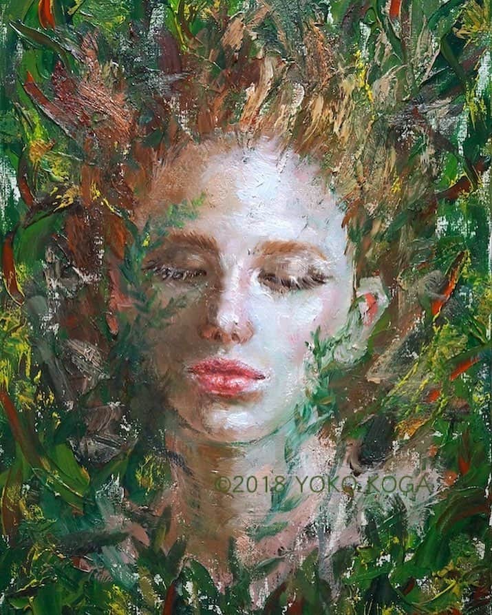 のインスタグラム：「“Daphne” 2018, oil on canvas, 33.4cm×24.3cm "ダフネ" F4号 #人物画 #肖像画 #portrait #アート #絵 #gallery #ギャラリー #画家 #artist #painter #portraitartist #painting #art #artwork #油絵 #oilpainting #artstagram #artistoninstagram #instapainting #instajapan #instaart #instaartist #neoimpressionism #古賀陽子 #yokokoga #exhibition #exhibit #西宮  #神戸  #京都」