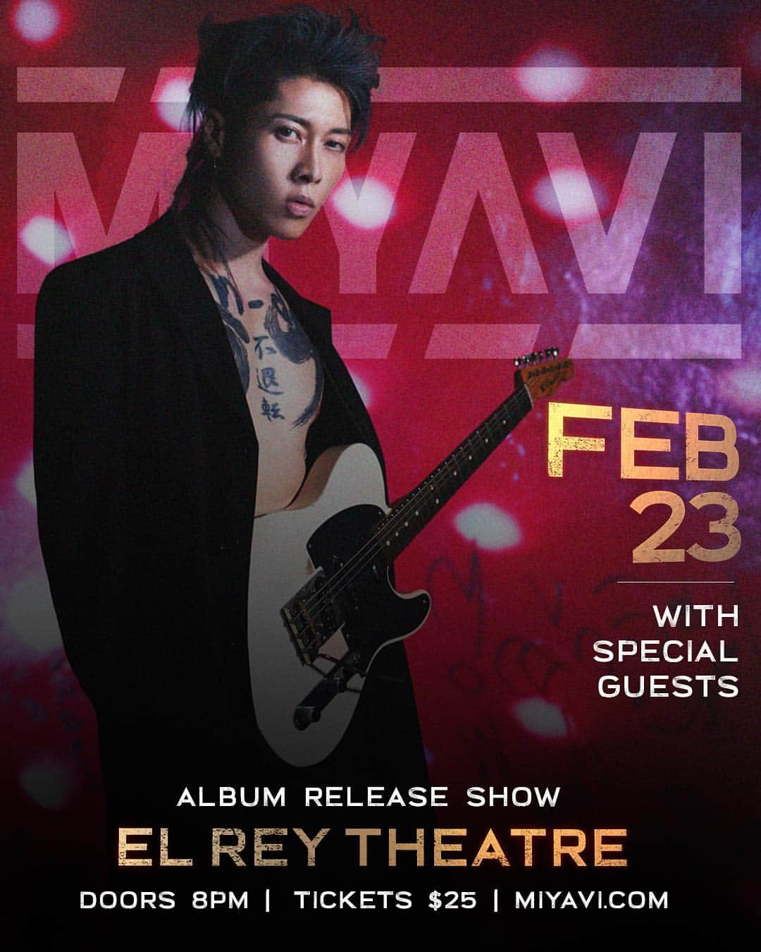 MIYAVI（石原貴雅）さんのインスタグラム写真 - (MIYAVI（石原貴雅）Instagram)「[LIVE] @goldenvoice presents #MIYAVI Samurai Sessions vol. 3 Record Release Show at @elreytheatre. . El Rey Theatre, Los Angeles CA (USA) Sat, Feb 23, 2019 - 9:00PM General Admission: $25 VIP Meet n’ Greet: $75 . Doors Open: 8:00 PM Door Price: $30 . → Ticket Sale: Fri, Jan 11, 2019 - 10:00AM PST . Info: https://www.axs.com/events/367106/miyavi-tickets . #liveshow #live #elreytheatre #SS3 #Miyavi」1月10日 5時13分 - miyavi_staff