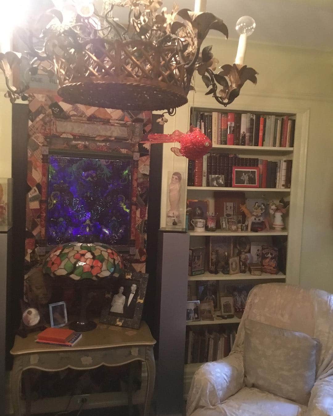 グロリア・ヴァンダービルトのインスタグラム：「How can this be? There is a sequined goldfish hanging from a chandelier in one of my rooms. Throughout the day he seems to change position depending on what he takes a fancy too.」