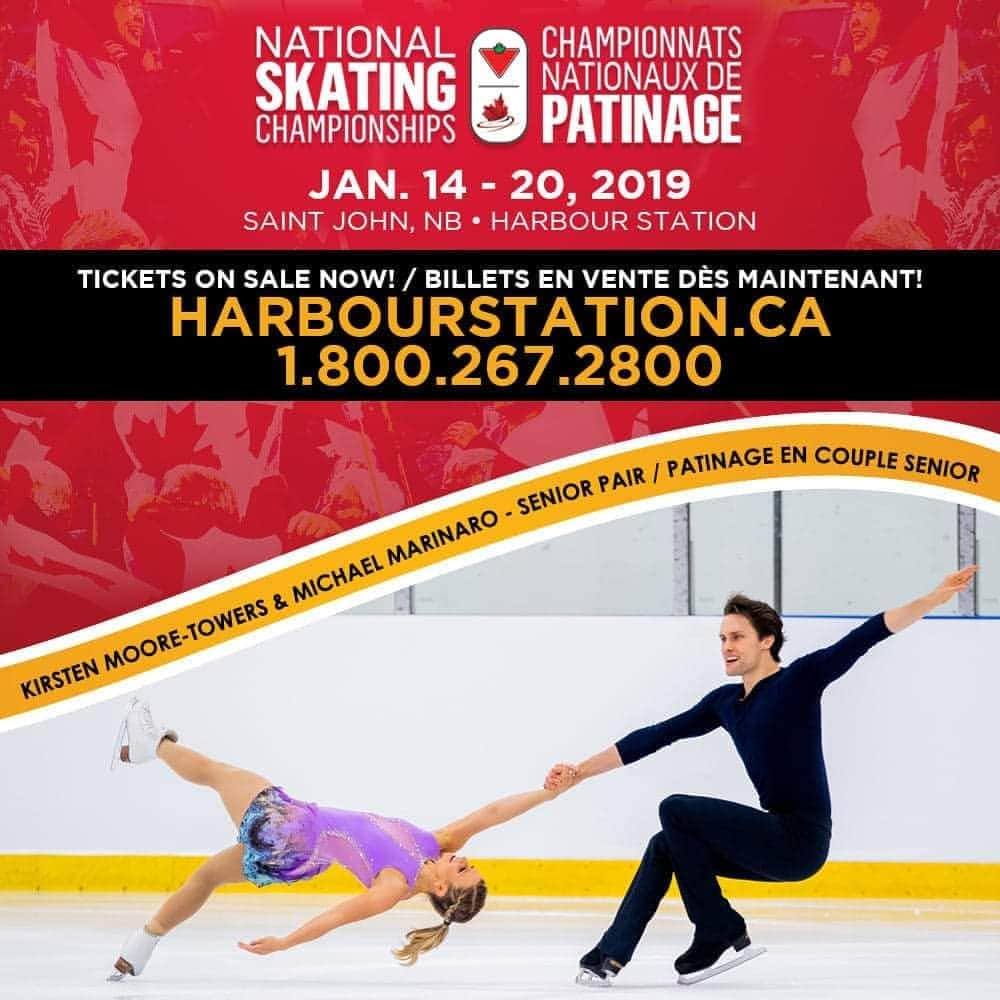 マイケル・マリナロのインスタグラム：「Officially one week out from our short program at nationals! @kirsten_mt and I are thrilled for one of our favourite competitions of the season. If you’re going to be around Saint John, we would love to see you out at the event. For anyone else interested, the event will be broadcasted on @tsn_official @rds and @ctv . . . #7days #skatecanada #CTNSC19 #CNPCT19 #creatinghistory #figureskating #skating #teamcanada #saintjohn #harbourstation」