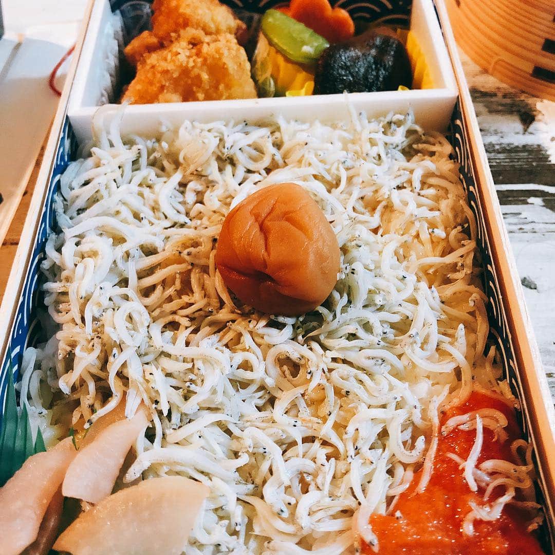 柳下毅一郎のインスタグラム：「釜揚げしらす弁当（水戸駅） 素朴でよかったなー。あんこう唐揚げ付き！」