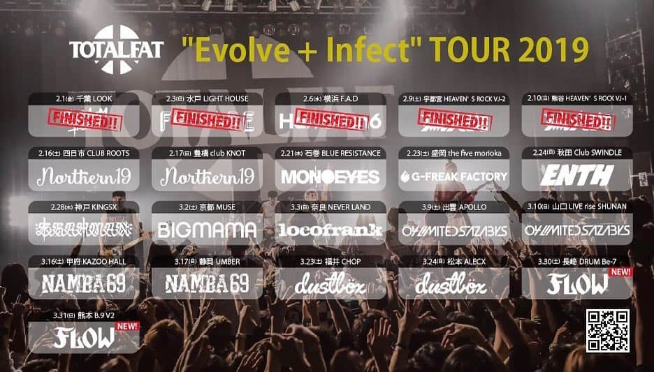 TOTALFATのインスタグラム：「"Evolve + Infect" TOUR 2019 対バン最終発表！  3/30(土)長崎DRUM Be-7 3/31(日)熊本B.9 V2  FLOWが出演！！ チケット発売中です🎫  #TOTALFAT #FLOW #リリースツアー #九州 #長崎 #熊本」