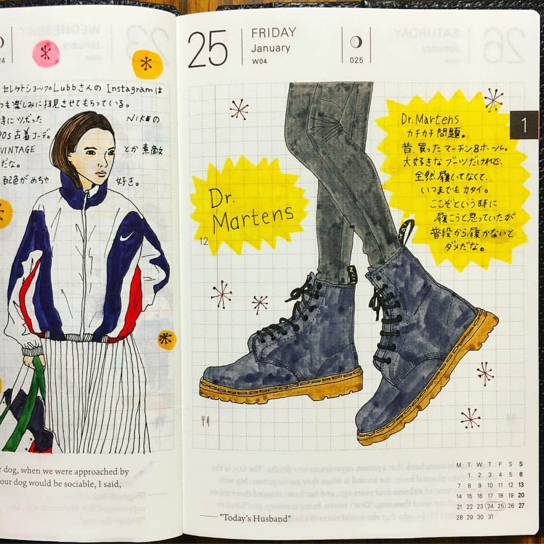 bouinaのインスタグラム：「drmartens カチカチ問題。 🥾 🥾 🥾 #ほぼ日手帳 #ほぼ日 #ほぼ日プランナー #ほぼ日手帳プランナー #hobonichi #hobonichiplanner #ほぼ日planner #bouinadiary #diary #drmartens #絵 #絵日記 #sketch #手帳 #ドクターマーチン #ドクターマーチン8ホール」