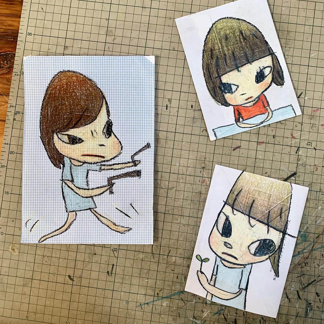奈良美智のインスタグラム：「some drawings. draw lots as warming up before make big paintings. the drawings are not sketch for the paintings. just warming up.」