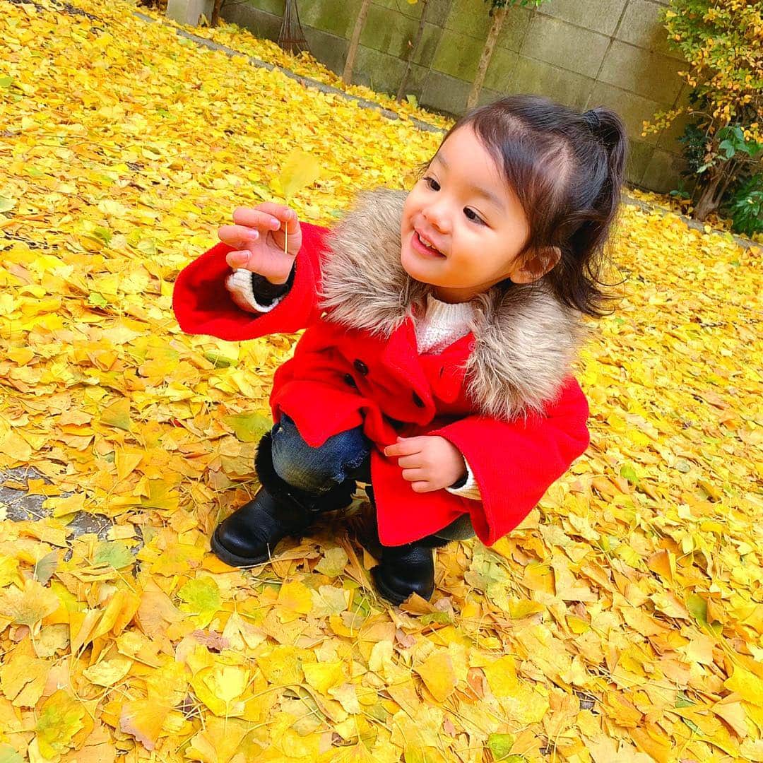 ゆん（並木優奈）さんのインスタグラム写真 - (ゆん（並木優奈）Instagram)「. . 前日の雨でびしょびしょのいちょうの葉を集めるりおな♥️笑 . . . . . . #riona」1月28日 23時37分 - yunaaaaa.x