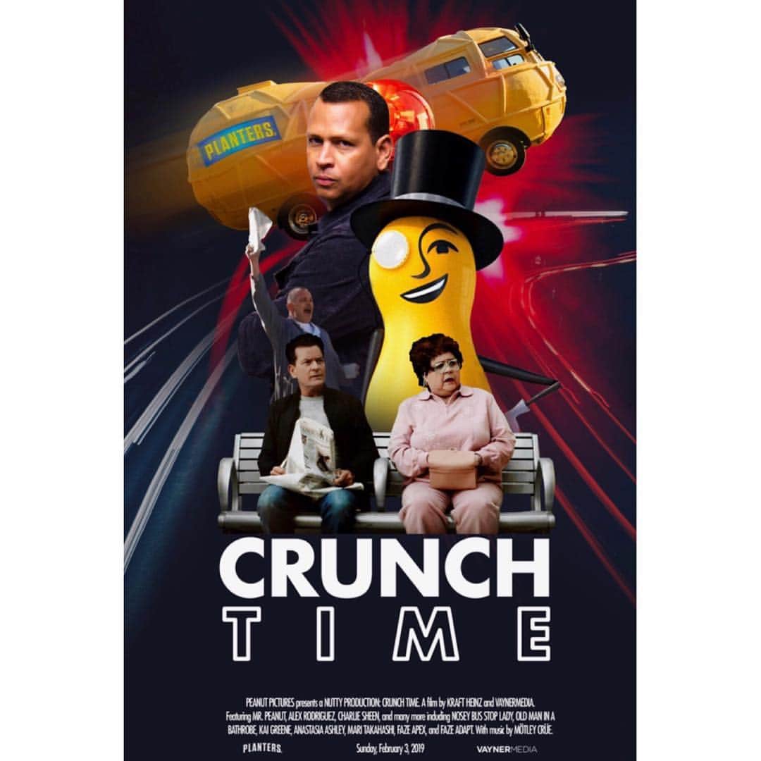 チャーリー・シーンのインスタグラム：「what  a nutty  movie poster with @mrpeanutofficial !  tune in on game day!  you don't  wanna miss #CrunchTime  02.03.2019  #AD ©️」