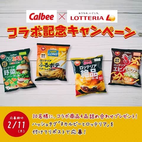 カルビー サッポロポテトのインスタグラム：「ロッテリアの人気メニューがスナック菓子になっちゃった‼️. 2015年からご好評いただいている、ロッテリア様 @lotteria_pr とのコラボレーション商品の登場です㊗️. . ラインナップは4品です❗️. ①60gサッポロポテトLONGふるポテバターしょうゆ風味 ②50gベジたべるロッテリア野菜ハンバーガー味 . （①②発売日：全国のコンビニエンスストア1/28　コンビニエンスストア以外のお店 2/11） ③65gかっぱえびせんロッテリアエビバーガー味 . （発売日：全国のコンビニエンスストア 2/4　コンビニエンスストア以外のお店 2/11） ④75gポテトチップスロッテリア絶品チーズバーガー味 . （発売日：全国のコンビニエンスストア 2/4）. . 発売を記念し、コラボ商品4品の詰め合わせセットを抽選で30名様に、 プレゼント🎁いたします‼️. . 応募方法は簡単👍. ①サッポロポテトとベジたべる公式Instagramをフォロー. ②指定ハッシュタグ『#カルビーとロッテリア 』をつけてこの投稿をリポスト. . 専用アプリでリポストでも、この投稿をスクショして→ご自身のアカウントから投稿でも🆗です❗️. . 〜締切は2/11（月）まで〜. . 応募要項詳細は【カルビーロッテリア】と検索してみてくださいね 🙇‍♀️. . たくさんのご応募お待ちしておりま〜す😃. . #カルビー #サッポロポテト #ベジたべる #ポテトチップス #キャンペーン実施中 #コラボ商品 #詰め合わせ」