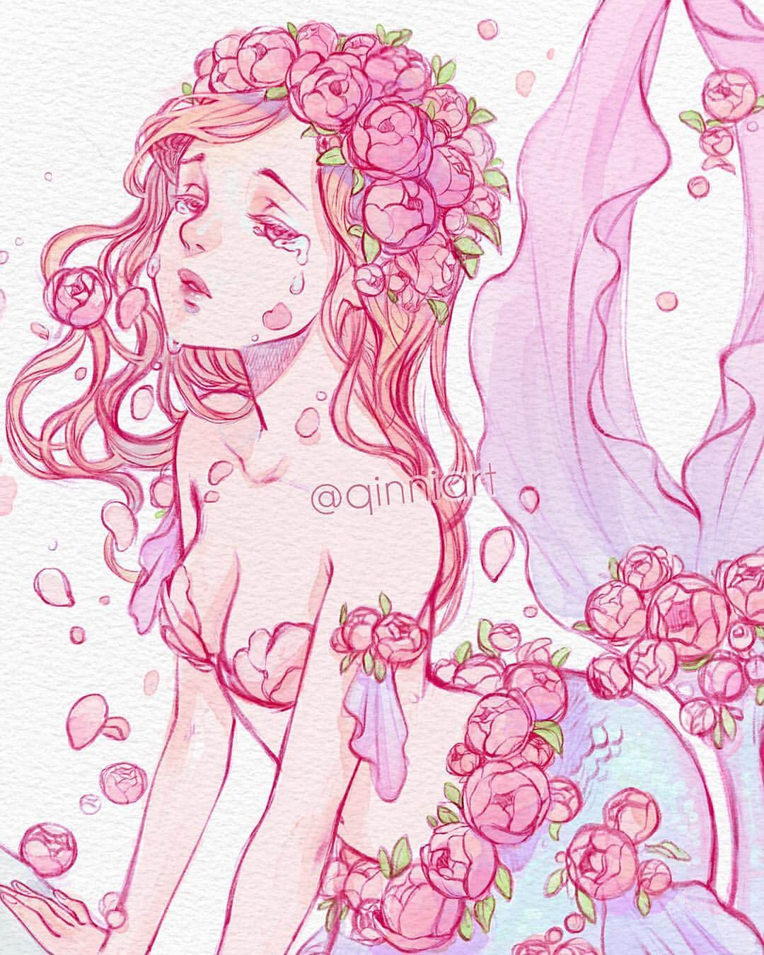 Qing Hanのインスタグラム：「🧜‍♀️🌺 Rough sketch w colour testin before moving onto watercolor version.  _(:_」∠)_ • I'm posting more wip on Twitter so follow me there? 😆 • • • Just saw the pre heart transplant clinic nurses actually haha, I'm actually resting in the hospital lobby rn (´･_･`)....the stress woke me up way before normal and I forgot to take my heart slowing meds before I left, so now I can't walk too fast or my body hurts. Oops. I'm seeing the pre transplant clinic Doctor tmr, and I guess that'll be fun? Lol. Hope I'll remember my meds at least tmr. This doesn't mean I'll for sure have a heart transplant tho. In fact, I really, really, really hope I don't. Cause, well, there's the possibly dying thing (fun fact, 60% of ppl survive 10+ years...lol) but also food restrictions like no raw food like sashimi or medium rare steaks; I heard even some raw veggies I need to be careful of too, I guess like the e coli outbreak on lettuce a while ago would probably be pretty bad for transplant patients...so, uh, fingers crossed there'll be some meds that can help me D;;. But the doctors just want me to be prepared for that possibility. She basically said that they can't keep cutting me open to remove the scar tissue building up lol. I guess medical risks rises every time I have heart surgery xD;; • Tbh I thought I would try to draw more, but I ended up having back pain every other day and it's just...not great. But hey, at least I might be able to post something here once a month? Lmaoo~ I don't really want to dump my sketches here haha...(｡-_-｡) • • • #art #illustration #mermaid #roses #flowers」