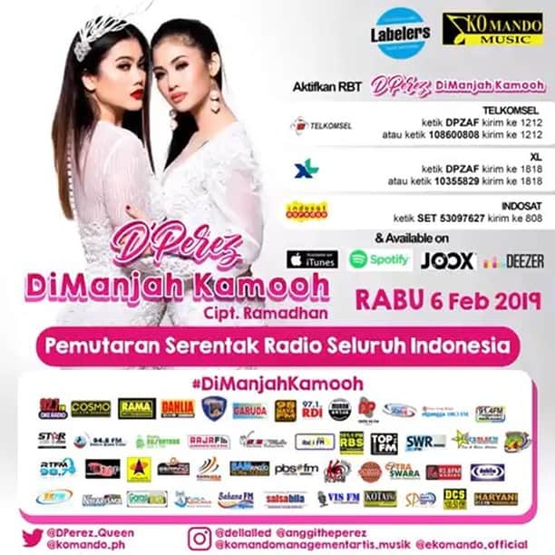 ジュリア・ペリッツのインスタグラム：「Yeeyyyyy🤩🤩🤩👯‍♀️💃🏻🕺🏻 Pemutaran serentak hari ini  New Single D’PEREZ @anggitheperez @dellalled ”Dimanjah Kamooh” •Producer by @ruben_onsu  Diradio radio kesayangan kalian request trus yaa dan Aktifkan RBTnya dan beli lagunya di Itunes,Joox,Spotify,Deezer • Trimakasih utk semua radio - radio yang sudah bekerjasama dan Sukses selalu 🙏🏻🙏🏻 Maju terus Musik Indonesia💪🏻 ********************************************** @komandomanagementartis_musik @ekomando_official  #dimanjahkamooh  #newsingledperez #komandomanagementartis_musik  #komandoproductions #musikindonesia #dangdutindonesia」