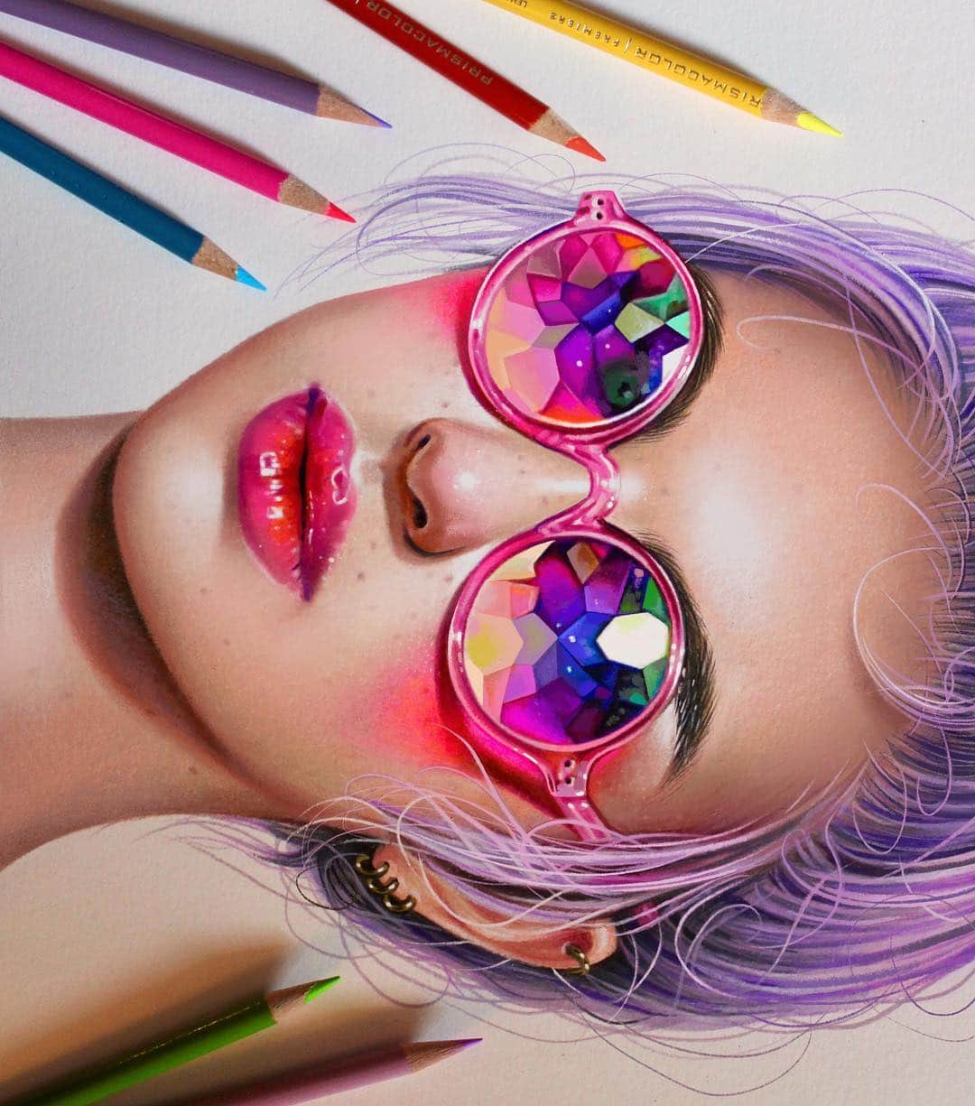 Morgan Davidsonのインスタグラム：「A fun work in progress shot from today! 📸 My inspiration for this drawing was I just really wanted to draw kaleidoscope glasses, lol. 😂🌈👓 Debating on whether or not I’ll add a background after I finish her. 🤔 Also, it’s Prismacolor colored pencil over a Prismacolor marker base on Strathmore Bristol smooth paper! ❤️」