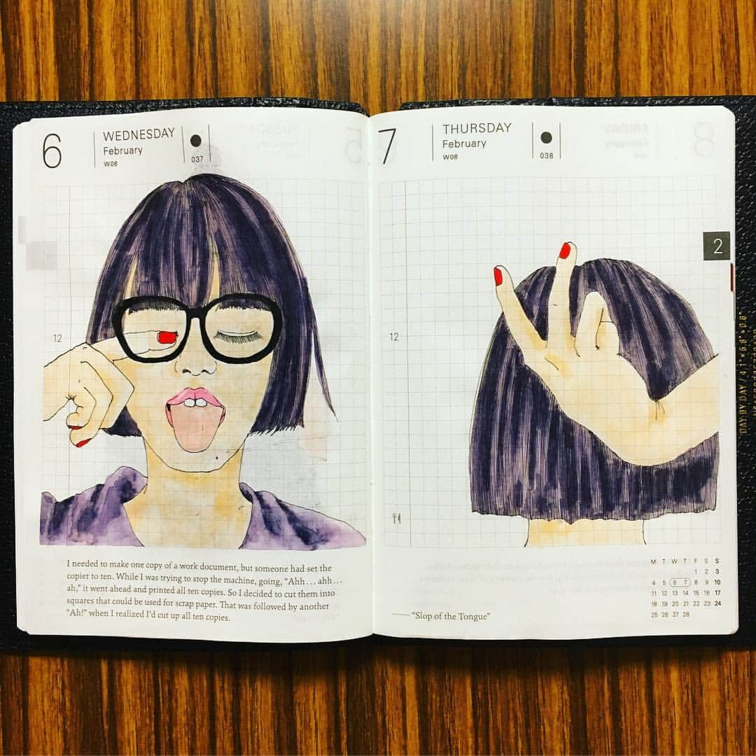 bouinaのインスタグラム：「Bob×黒縁眼鏡×レッドネイル 👩 👓 💅 #ほぼ日手帳 #ほぼ日 #ほぼ日プランナー #ほぼ日手帳プランナー #ほぼ日手帳planner #hobonichi #hobonichiplanner #bouinadiary #diary #絵 #スケッチ #sketch #絵日記 #手帳 #ボブ #黒縁眼鏡 #レッドネイル」