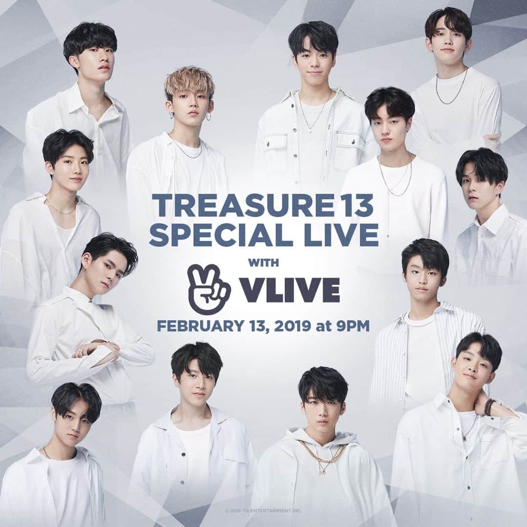 YGのインスタグラム：「TREASURE13 SPECIAL LIVE COMING SOON ⠀⠀⠀⠀⠀⠀⠀⠀⠀⠀⠀⠀⠀⠀⠀⠀⠀ ✨ 2019. 02. 13 9PM(KST) 🎬 https://www.vlive.tv/video/112582 ⠀⠀⠀⠀⠀⠀⠀⠀⠀⠀⠀⠀⠀⠀⠀⠀⠀ #YG_NEW_BOY_GROUP #TREASURE13 #트레저13 #SPECIAL_LIVE #20190213_9PM #VLIVE #YG」