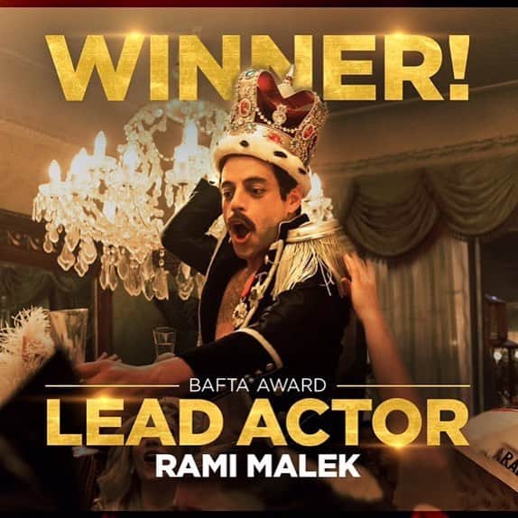 映画『ボヘミアン・ラプソディ』公式のインスタグラム：「. ⚜Congratulations🎉 . 我らがラミ・マレックが、🇬🇧英国アカデミー賞で最優秀主演男優賞を受賞しました‼ また、『#ボヘミアンラプソディ』が、最優秀音響賞を受賞しました‼️ . #アカデミー賞 #アカデミー賞にも期待 #ボヘミアン胸アツ #bohemianrhapsody#bohemianrhapsodythemovie #Queen #クイーン #ilovequeen #freddiemercury #フレディマーキュリー #映画 #movie #大ヒット上映中 #応援ありがとうございます‼️」