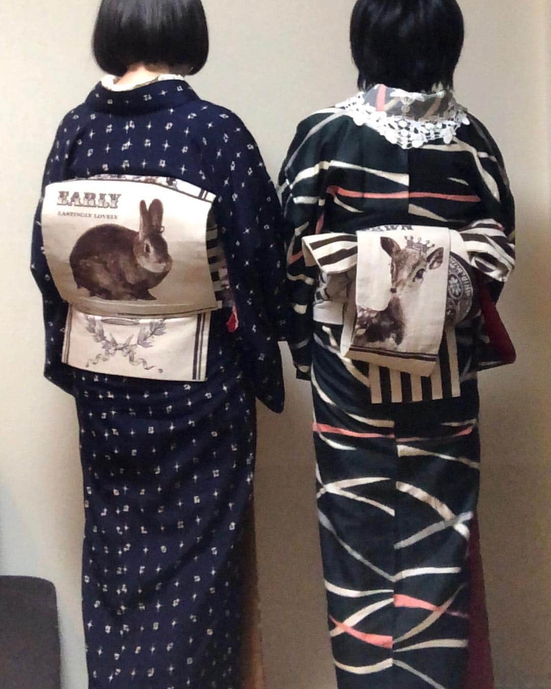 雨月衣さんのインスタグラム写真 - (雨月衣Instagram)「🐇🦌 #雨月衣着物 #アンティーク着物 #手作り帯」2月12日 7時47分 - ugetsukoromo