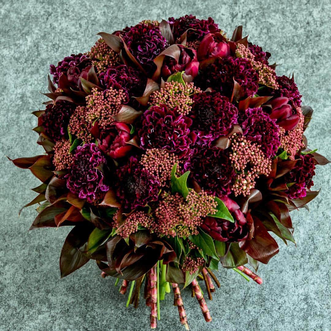 ニコライ・バーグマン・フラワーズ＆デザインさんのインスタグラム写真 - (ニコライ・バーグマン・フラワーズ＆デザインInstagram)「Dark Romance 🖤 #bouquet #nicolaibergmann  #flowers #scabiosa #tulip #viburnum #draceana #enjoy」3月14日 15時23分 - nicolaibergmann
