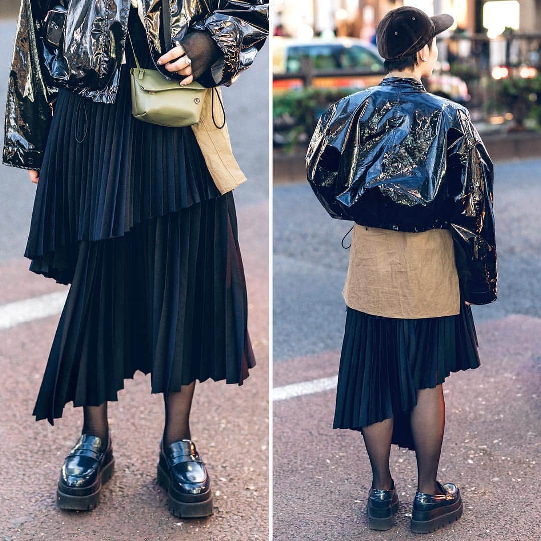 Harajuku Japanさんのインスタグラム写真 - (Harajuku JapanInstagram)「@Kurumi_Otsuka on the street in Harajuku wearing a shiny Phillip Lim cropped jacket over a Chin Mens top, a John Lawrence Sullivan asymmetrical pleated skirt, an Acne Studios bag, MM6 Maison Margiela platform loafers, Maiden Tokyo and Beams accessories.」3月14日 15時36分 - tokyofashion