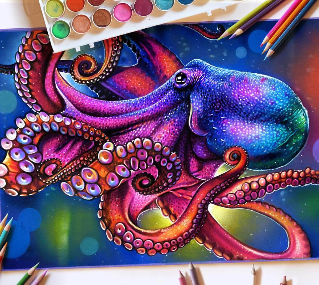 Morgan Davidsonのインスタグラム：「Fun octopus drawing I did for a wedding present! ☺️🐙 Speaking of weddings, I’m having my own in May and am currently in the middle of moving! So I apologize for the lack of posting lately.. but I’m sure you can imagine how hectic things are, lol. 😅 I do have some very exciting things to share soon though!! I can’t wait! Also, once I’m finished moving tons of new work will be on its way, I have so many fun ideas I can’t wait to put on paper! 🙏🏼💕」