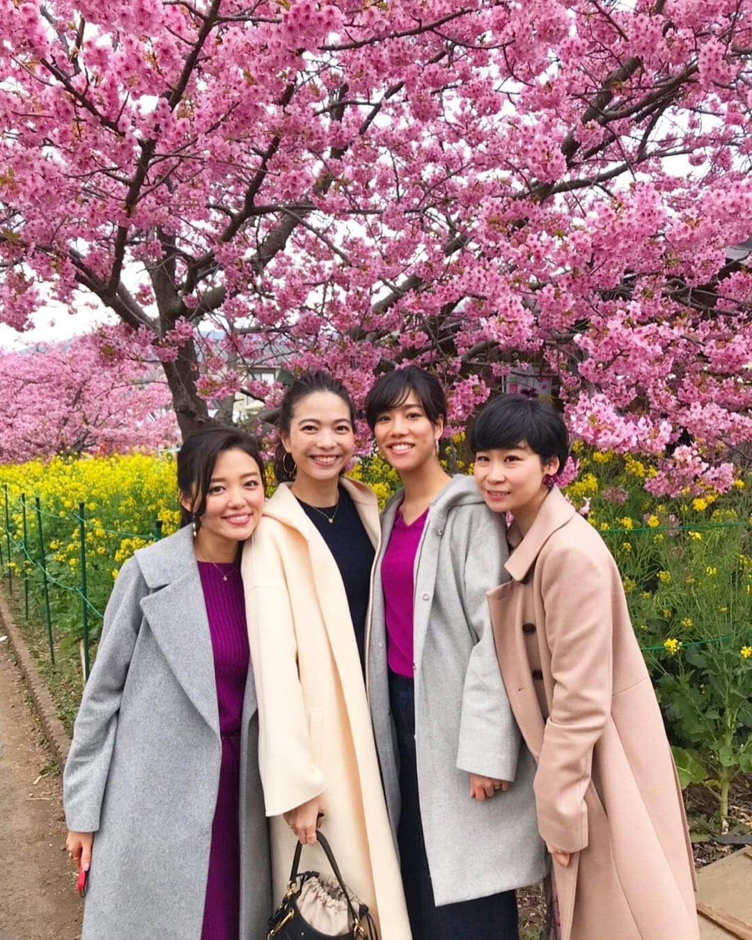 のインスタグラム：「昨日の旅行は中学からの仲良し四人組で🙌️💕 嬉しいことも悲しいことも共有してきた親友たち✌️ 満開の桜と菜の花も相まって、なんだかとてもメモリアルな写真になりました😆* 良き思い出🌸🌸🌸 * #女子校育ち #服被りがち #あるある #sakura🌸 #あべゆきtrip」