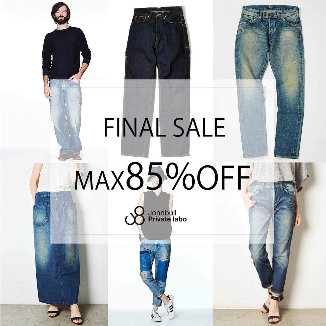 のインスタグラム：「. FINAL SALE . －－－－－－－－－－－－ 【オンラインストア限定】 . 3/15(fri)0:00〜3/17(sun)23:59 .  MAX85%OFF －－－－－－－－－－－－ . 今季最後のJOHNBULL SALE!! 定番デニム3日間限定でもさらにお買い得に。 . 春準備に是非ご活用ください。 . . ※ストーリーズ、ハイライトにてセールアイテム一覧をご覧いただけます。 . . . #johnbull #johnbullprivatelabo #onlinestore #timesale #finalsale #sale #pants #johnbulldenim #denim #ジョンブル #ジョンブルプライベートラボ #期間限定 #オンラインストア限定 #セール #タイムセール #ファイナルセール #デニム #イージーパンツ #スカート #ワイドパンツ #スキニーパンツ」