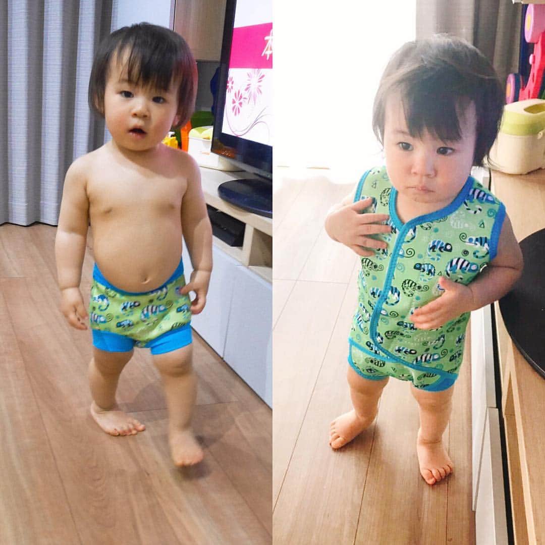 奥山絵里奈さんのインスタグラム写真 奥山絵里奈instagram 今年の夏は海とプールに沢山行こうと思って 流行りのベビー水着をセットで買って準備万端 可愛いので着せてみたら 簡単に着せられて一安心 左の水泳パンツの ハッピーナッピー は おむつ機能付き 水着