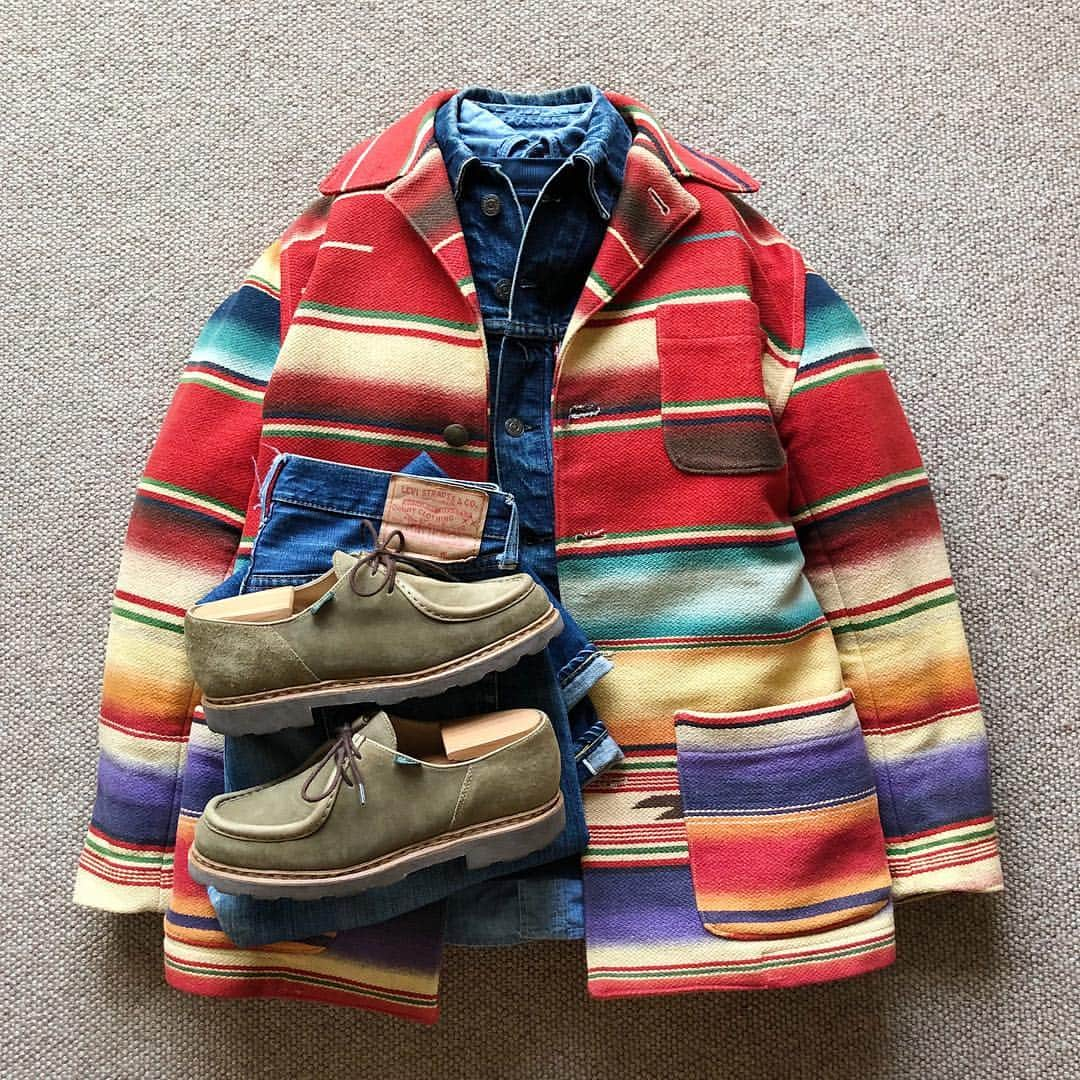 the.daily.obsessionsのインスタグラム：「Today's Outfit. ↓ ＊80's Old #PoloCountry #PoloRalphLauren Concho Blanket Jacket ＊70's Vintage #Levis #70505 Small-e Denim Jacket ＊80's Vintage #Champion Tricolore Tag Reverse Weave Sweat Shirt ＊40's Vintage U.S.Navy Chambray Work Shirt ＊60's Vintage #Levis #502 #BigE Capital E-Model ＊#Paraboot Army Suede Michaell」