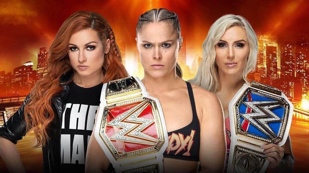 のインスタグラム：「Here we go it’s THE MAIN EVENT Ronda Rousey @rondarousey (Raw) vs. Charlotte Flair @charlottewwe (SmackDown) vs. Becky Lynch @beckylynchwwe. Winner takes all triple threat match for the WWE Raw Women's Championship and the WWE SmackDown Women's Championship. —— —— Come on Becky you can do this #TheMan!!!! ☘️ —— —— Who do you want to win this match? #wrestlemania #theman #beckylynch #charlotteflair #rondarousey」