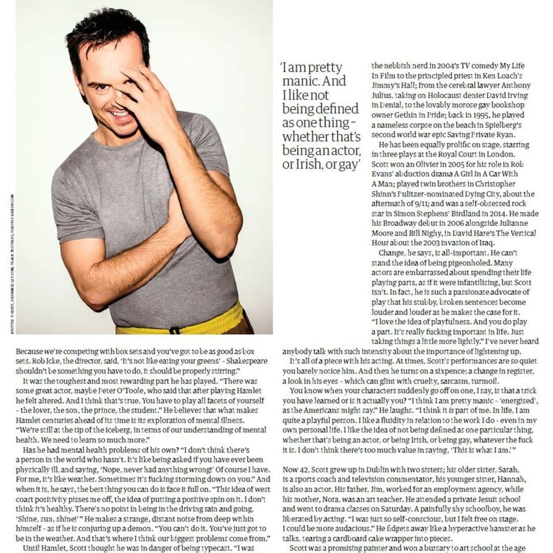 のインスタグラム：「TBT to Andrew Scott in 'The Guardian' wearing our iconic knitwear… #ThrowbackThursday #AndrewScott #TheGuardian #MadeinEngland」