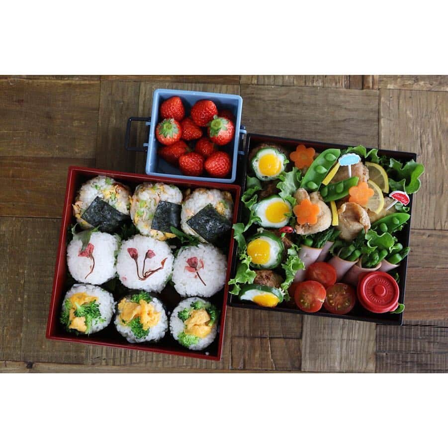 にぎりっ娘。のインスタグラム：「* 日曜日、ウチのすぐ近くの公園に#お花見 🌸に。 ・ 寒いって言ってたけど、 私たちが行くと陽も照って暖かくなった！ ・ #お花見弁当 は作成動画をアップしています。 今週の土日、まだ間に合うかな！？😊🌸🍡 ・ ▼今日のお弁当メニュー ・桜のお寿司おにぎり ・菜の花風ブロッコリーと炒り卵のおにぎり ・シャケと大根葉のご馳走おにぎり ・塩から揚げ ・うずらピーマンの目玉焼きのっけハンバーグ ・アスパラのハム巻き ・プチトマト * ストーリーズスワイプアップでリンクに飛びます✈️ * #桜の塩漬け  #お弁当中#お弁当#おべんとう#弁当#手作り弁当#ランチ#lunch#lunchbox#obento#bento#お弁当じまん #cookingram#クッキングラム#らくらくお弁当#ハンズ弁 #もクラシル#KURASHIRU#kurashirufood#macaroni #デリスタグラマー #lin_stagramer * お弁当作成動画配信中 youtube内検索で 「お弁当中」か「にぎりっ娘」で検索してね😘 *」